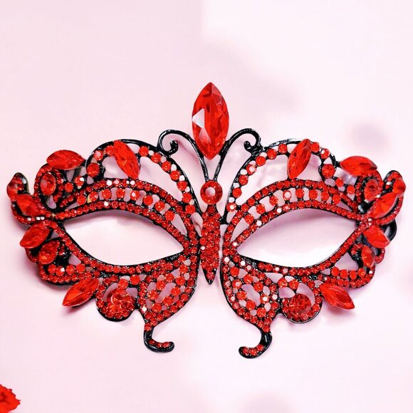 Red Crystal Masquerade Mask, Black Mask, Party Mask, Wedding Mask, Venetian Mask - Picture 1 of 7